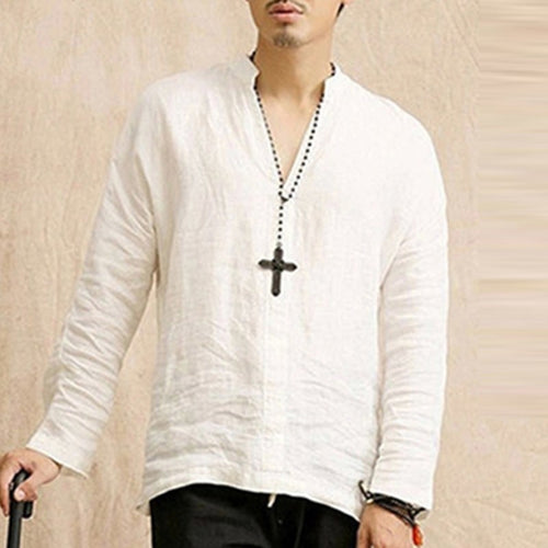 Men T shirt Long Sleeve Solid Tee Shirts Autumn Spring Cotton Linen Loose Casual Leisure