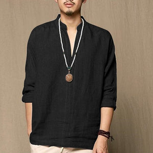 Men T shirt Long Sleeve Solid Tee Shirts Autumn Spring Cotton Linen Loose Casual Leisure