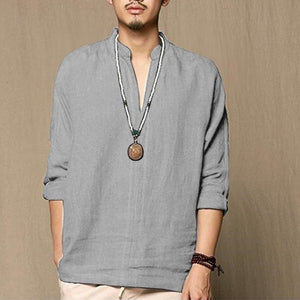 Men T shirt Long Sleeve Solid Tee Shirts Autumn Spring Cotton Linen Loose Casual Leisure