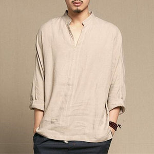Men T shirt Long Sleeve Solid Tee Shirts Autumn Spring Cotton Linen Loose Casual Leisure