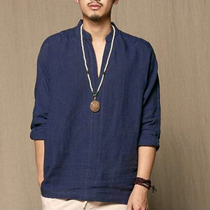 Men T shirt Long Sleeve Solid Tee Shirts Autumn Spring Cotton Linen Loose Casual Leisure