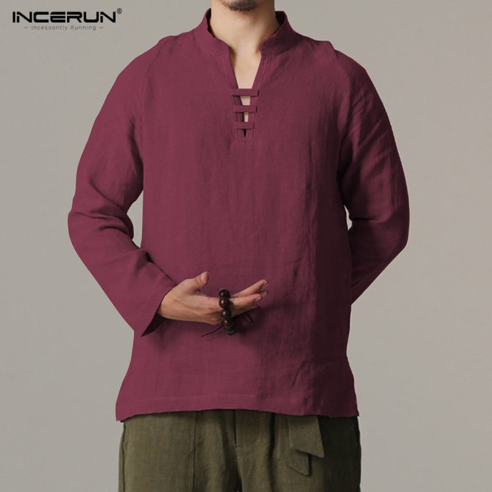 Men Long Sleeve Slim Fit Shirt Male Vintage Chinese Style Linen Shirts Men Shirt