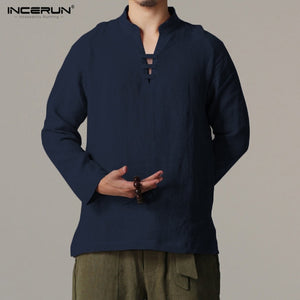 Men Long Sleeve Slim Fit Shirt Male Vintage Chinese Style Linen Shirts Men Shirt