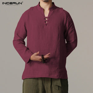 Men Long Sleeve Slim Fit Shirt Male Vintage Chinese Style Linen Shirts Men Shirt